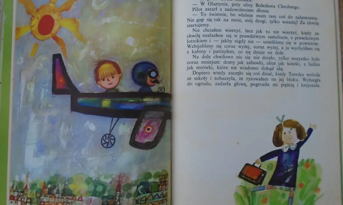 Pilot i ja streszczenie: chłopiec z pilotem w samolocie leci nad miastem, a na dole dziewczynka grozi mu pięścią.
