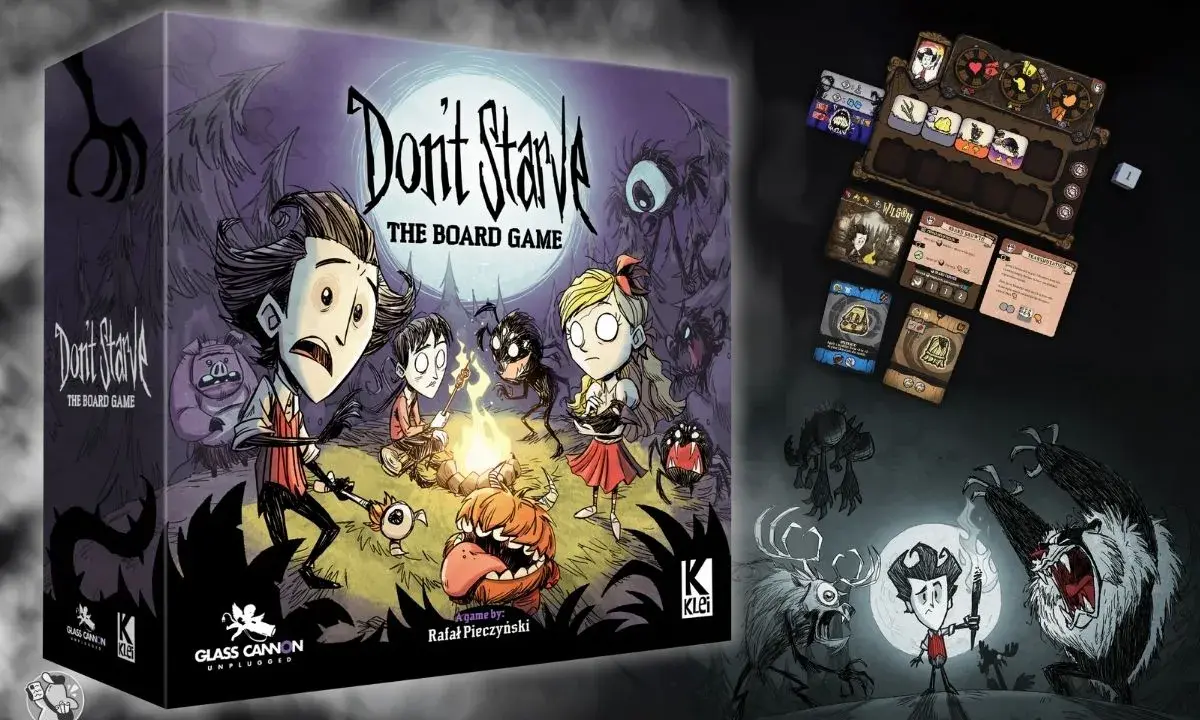 Pudełko gry planszowej "Don't Starve: The Board Game" z postaciami i potworami. Obok plansza gracza i karty.