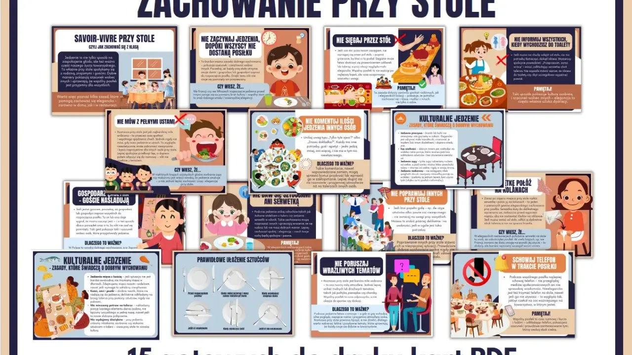 Karty z zasadami savoir-vivre przy stole, uczące jak reagować na zaczepki i zachować kulturę jedzenia.