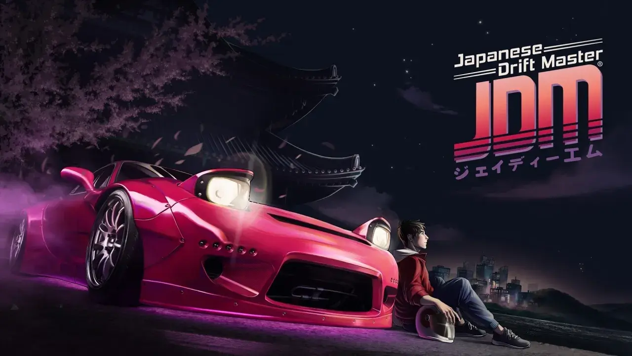 Japońska gra komputerowa "Japanese Drift Master" z różowym samochodem i młodym kierowcą pod kwitnącą wiśnią i nocnym miastem.