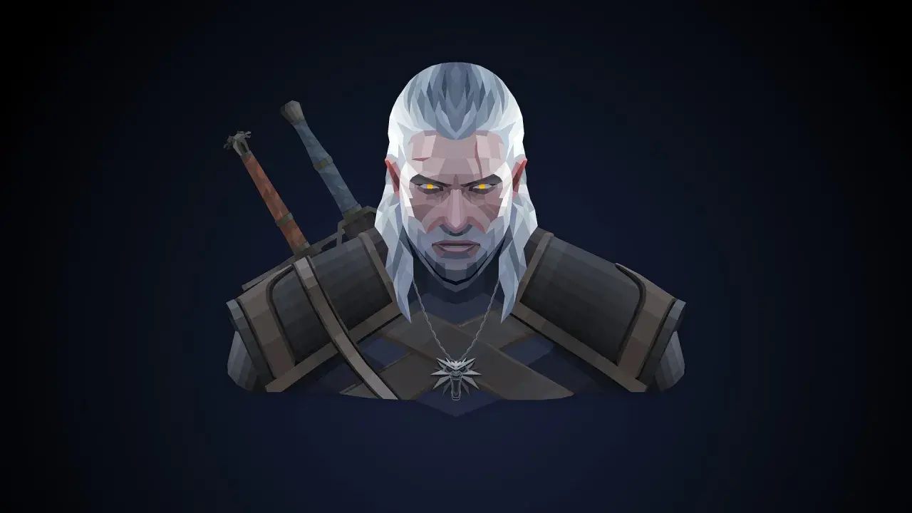 Geralt z Rivii, wiedźmin z wilczym medalionem i dwoma mieczami, patrzy groźnie. Jego oczy świecą na żółto, a twarz naznaczona jest bliznami.