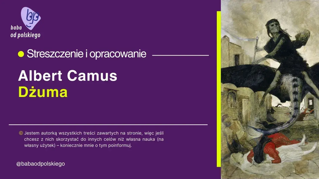Albert Camus "Dżuma" - streszczenie i opracowanie. Obraz przedstawia mroczną wizję zarazy, z postacią śmierci na koniu.
