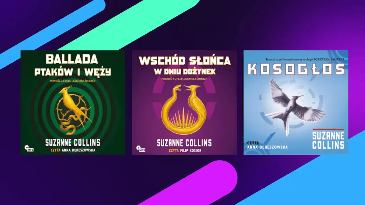 Okładki audiobooków z cyklu Igrzyska Śmierci: Ballada Ptaków i Węży, Wschód Słońca w Dniu Dożynek, Kosogłos.