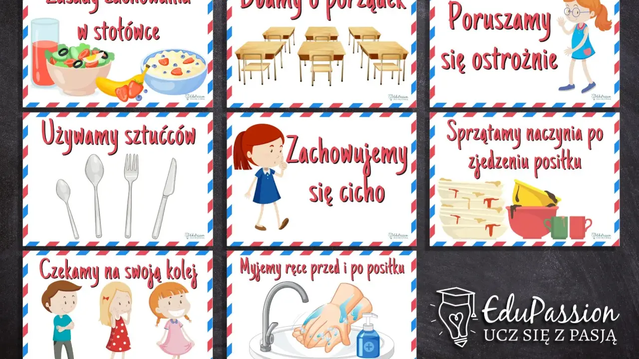 Zasady zachowania w stołówce, dbanie o porządek, poruszanie się ostrożnie, używanie sztućców, zachowanie ciszy, sprzątanie naczyń, czekanie na swoją kolej i mycie rąk to ważne zasady, które uczą starszeństwo kart.