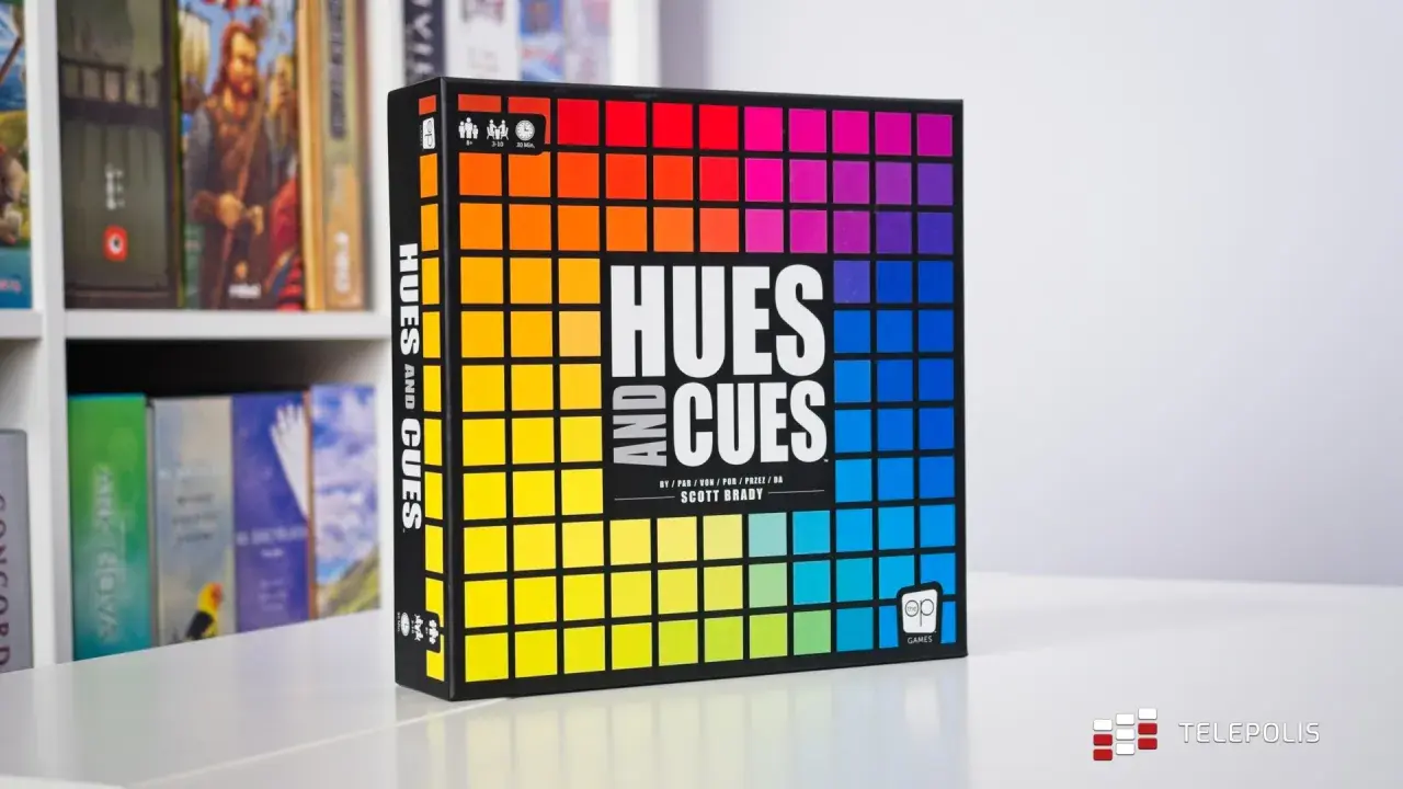 Gra planszowa "Hues and Cues" z tęczową paletą barw na okładce. Odkryj subtelne odcienie i wskazówki, by wygrać!
