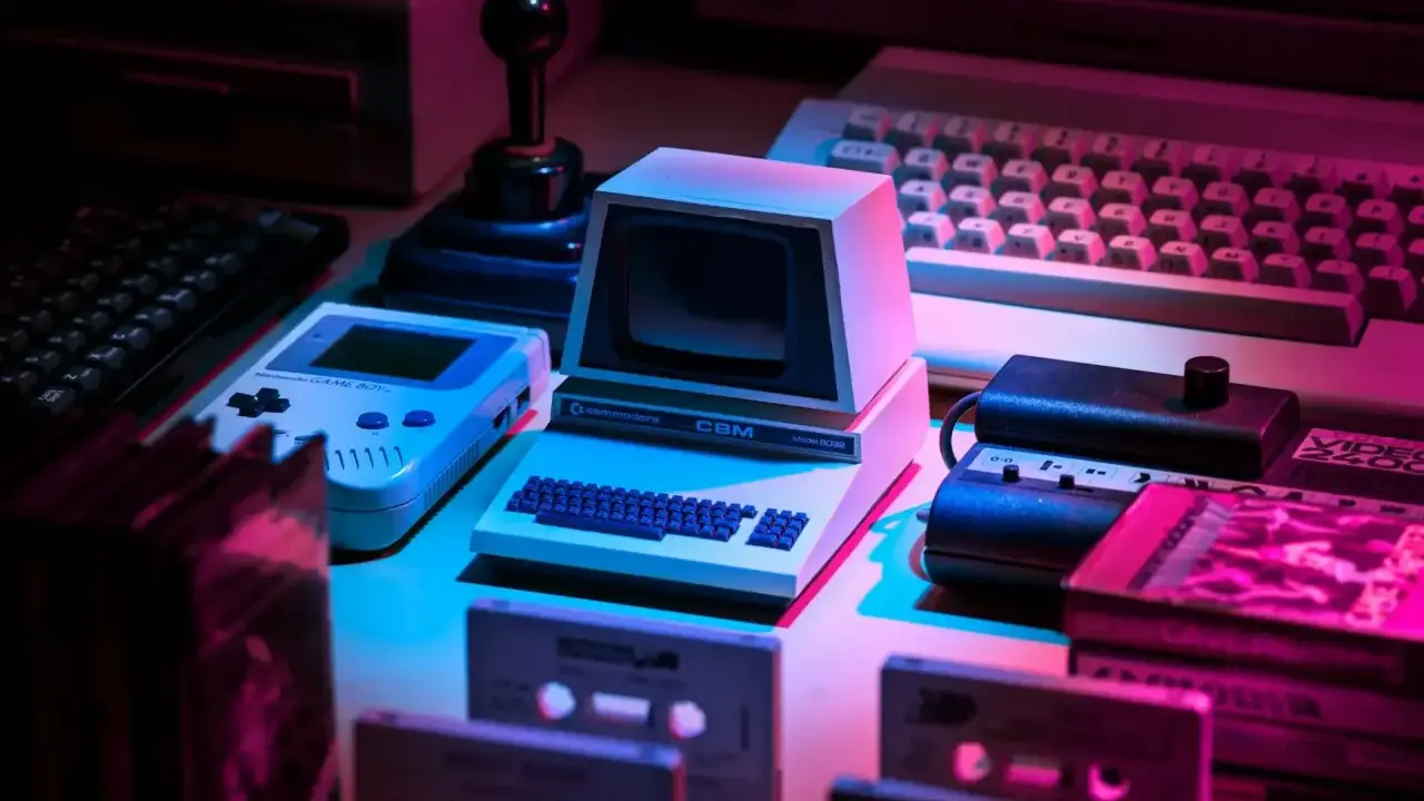 Retro gaming setup: Commodore CBM, Game Boy, joystick, keyboards, cassettes. Twój **słownik do gier** z lat 80. i 90.
