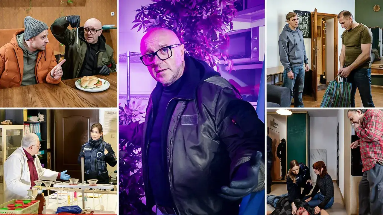 Policja prowadzi śledztwo w sprawie podejrzanej działalności. Widać funkcjonariuszy w akcji, przesłuchania i zabezpieczanie dowodów.