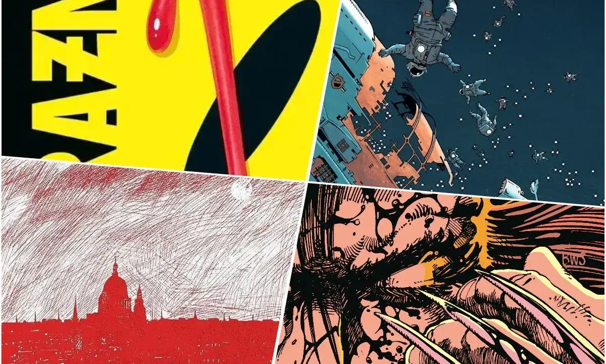 Kolaż z najlepszymi komiksami: neonowy napis, astronauci w kosmosie, czerwona panorama miasta i Wolverine.