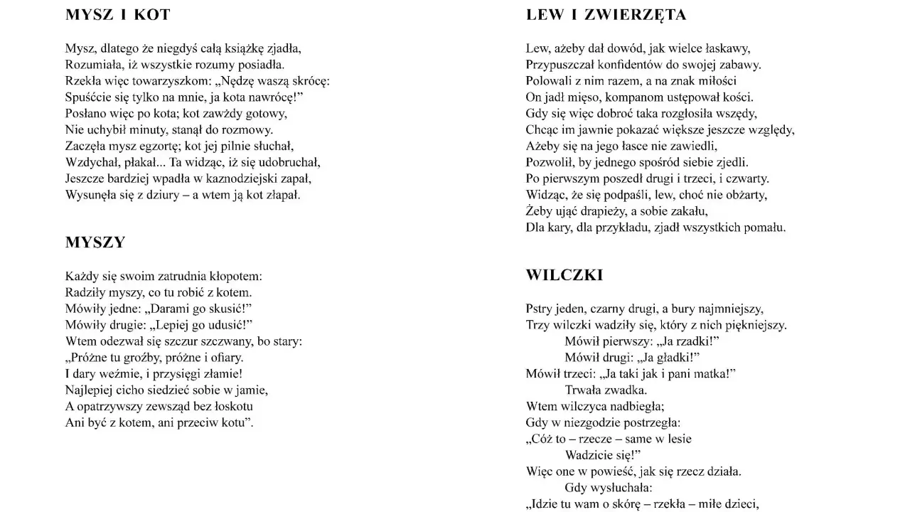 Monachomachia streszczenie: mysz próbuje przekonać kota do rozmowy, ale ten ją zjada. Bajka o lwie i zwierzętach, oraz o myszach i wilczkach.