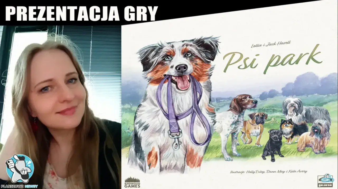 Kobieta prezentuje grę planszową "Psi park" z wesołymi psami na okładce.