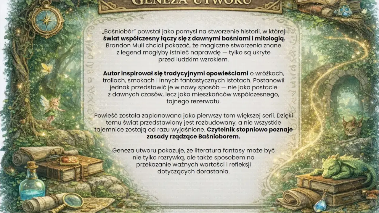 Baśniobór: streszczenie genezy utworu. Magiczne stworzenia łączą się ze światem współczesnym. Autor czerpał z baśni i mitologii, tworząc sekretny rezerwat.