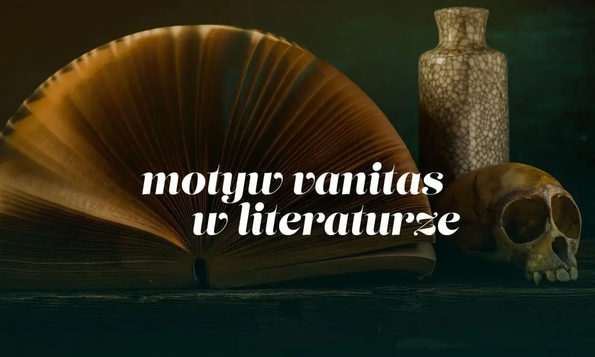 Otwarta księga, czaszka i waza tworzą kompozycję symbolizującą motyw vanitas w literaturze, przypominając o przemijaniu.