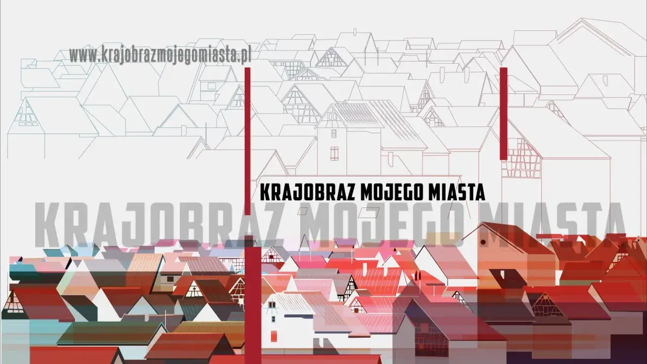 Krajobraz mojego miasta – gra planszowa. Stylizowany widok miasta z kolorowymi dachami i konturowymi budynkami.