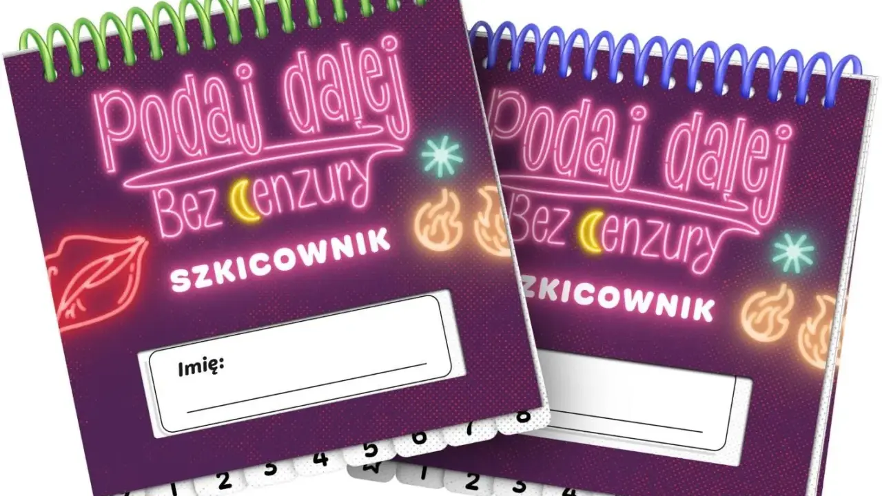 Dwa szkicowniki "Podaj dalej bez cenzury" z neonowymi ustami i płomieniami. Idealne do swobodnych notatek i rysunków.