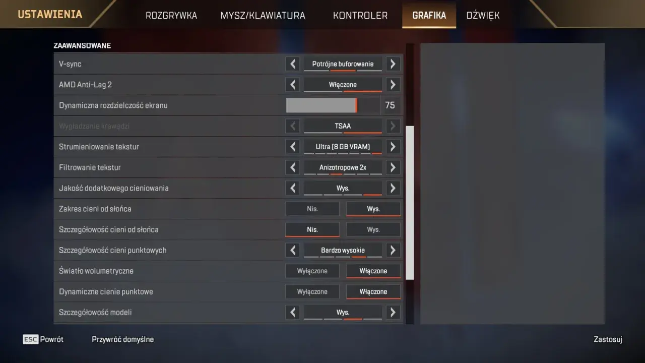 Ustawienia grafiki w grze Apex Legends po polsku: rozdzielczość, cienie, tekstury.