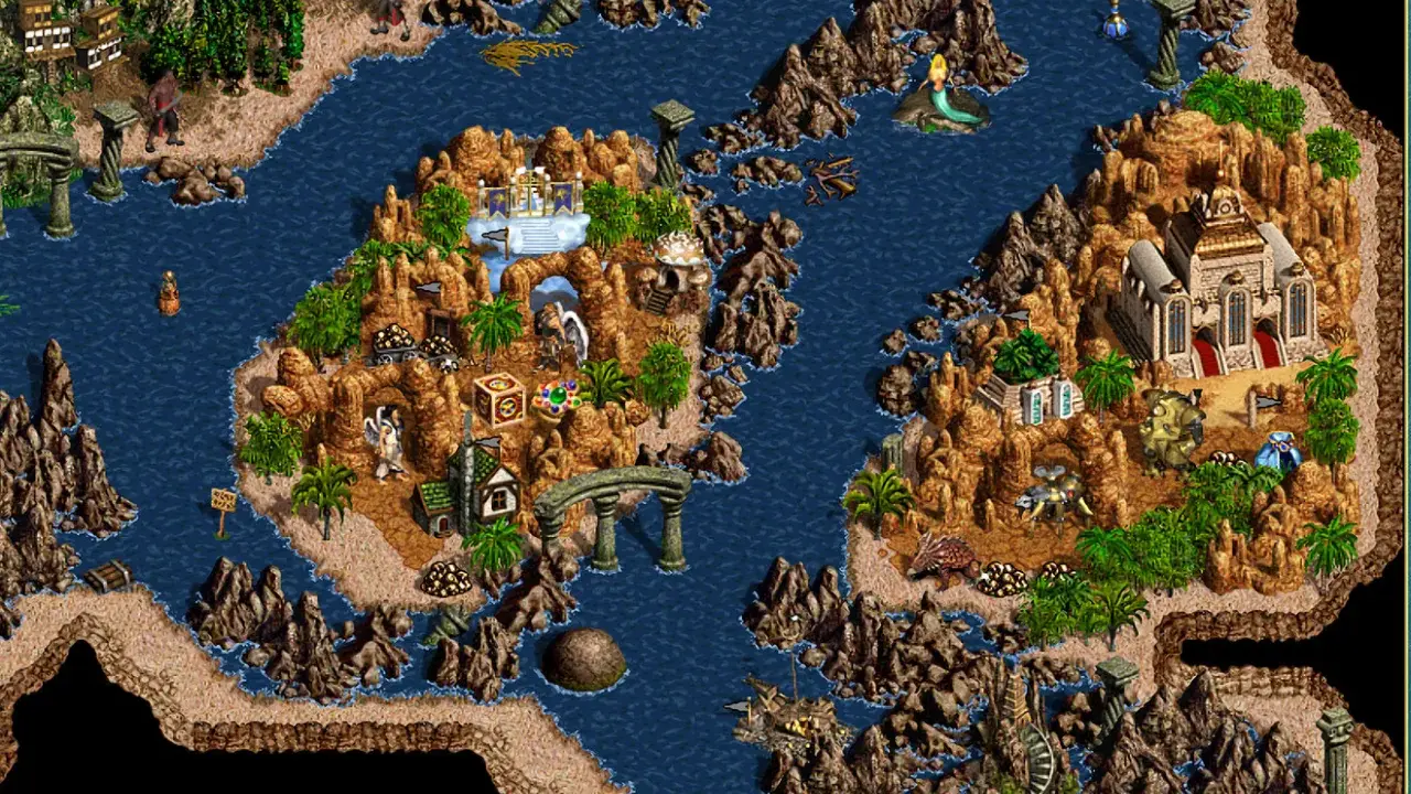 Wyspa z budynkami i jednostkami, przypominająca mapę z Heroes 3. Przystań dla bohaterów, pełna skarbów i tajemnic.