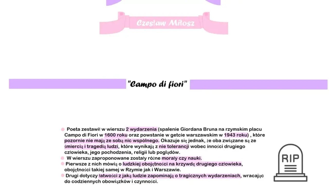 Wiersz "Campo di fiori" Czesława Miłosza zestawia spalenie Giordana Bruna i powstanie w getcie warszawskim, ukazując obojętność i brak tolerancji.