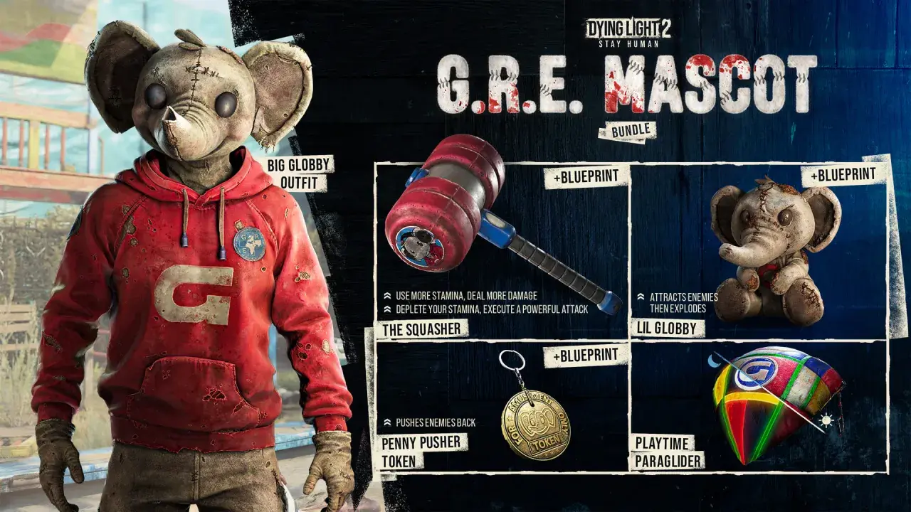 Postać z Dying Light 2 w stroju "Big Globby Outfit", młot "The Squasher", pluszowy słoń "Lil Globby" i paralotnia "Playtime Paraglider" z pakietu G.R.E. Mascot.