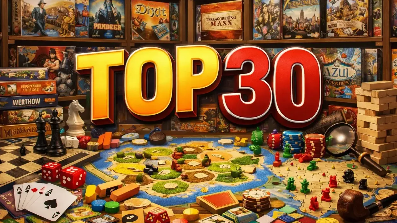 Planszówki na półkach i stole: "TOP 30" gier, kości, karty, pionki i plansza.