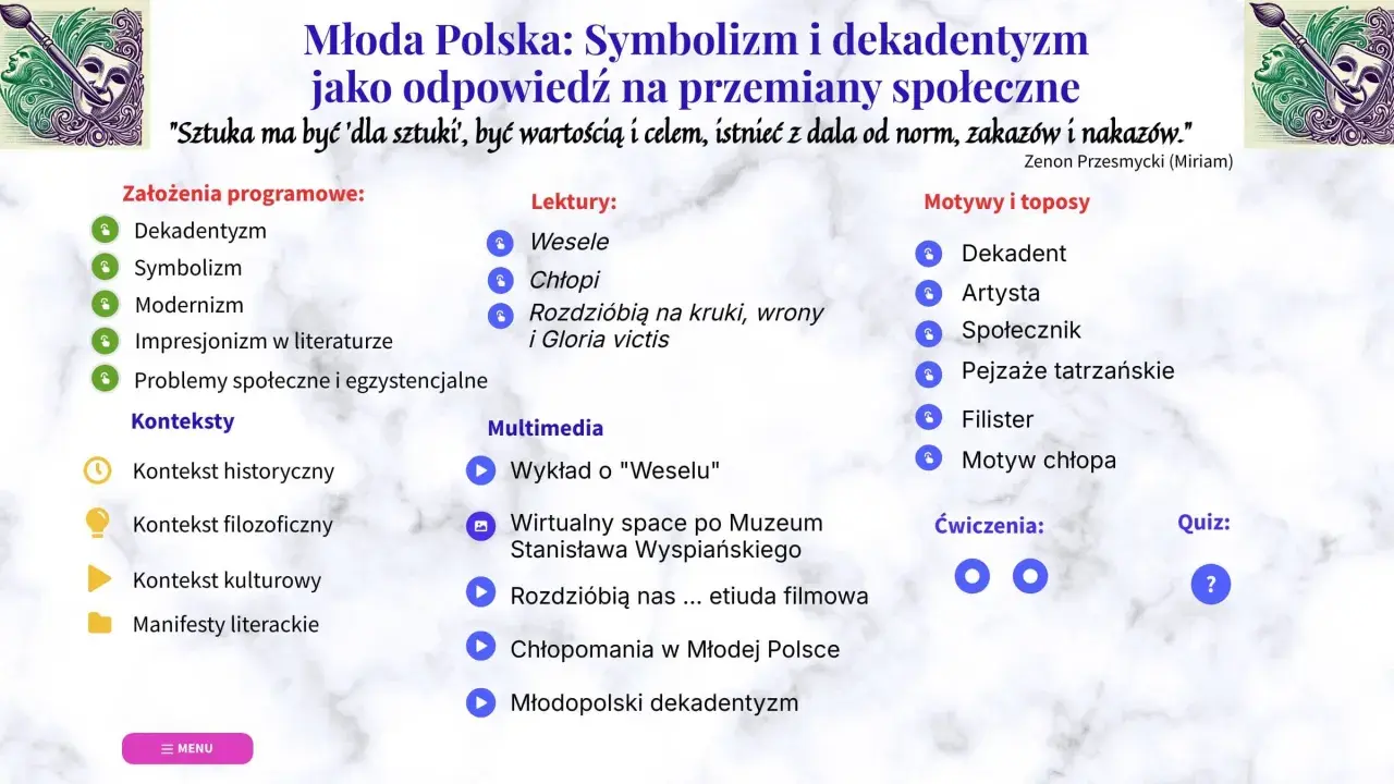 Młoda Polska: Symbolizm i dekadentyzm jako odpowiedź na przemiany społeczne. Strona zawiera program, lektury, multimedia i motywy epoki.