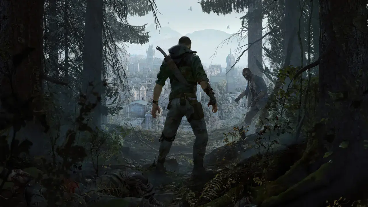 Gracz w Dying Light przygotowuje się do walki z zombie, miasto w tle. Czas gry toczy się dalej.