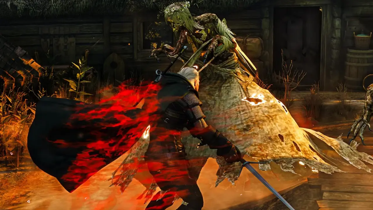 Geralt walczy z upiorem w płomieniach, to trudne zadanie poboczne.