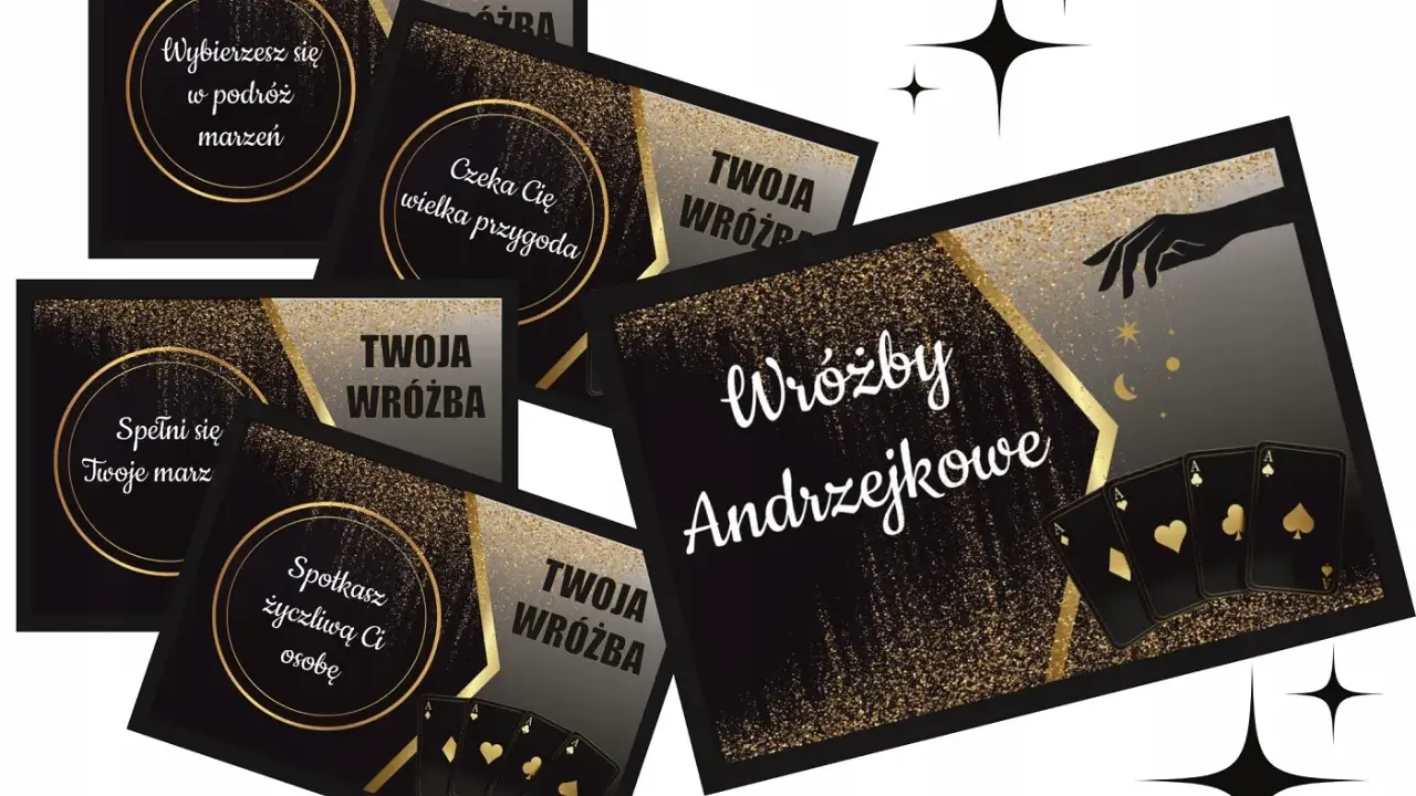 Złote karty i błyszczące napisy zapowiadają magiczne gry na andrzejki: "Wybierzesz się w podróż marzeń", "Czeka Cię wielka przygoda", "Spełni się Twoje marz", "Spotkasz życzliwą Ci osobę".