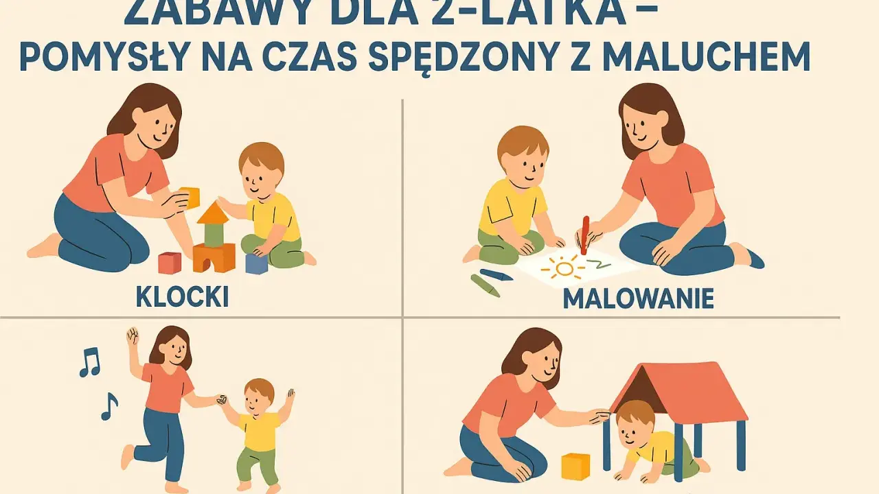 Pomysły na zabawy dla dwulatka w domu: budowanie z klocków, malowanie, taniec i tor przeszkód.