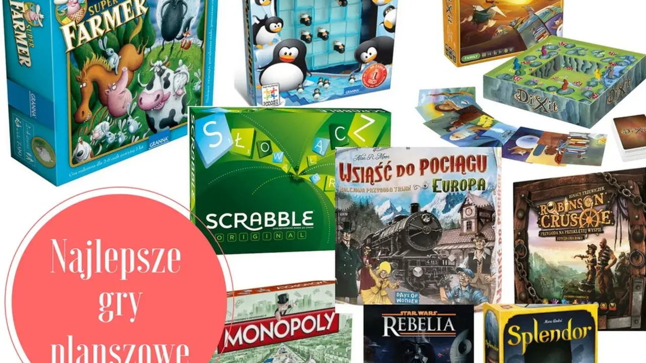Kolekcja najlepszych gier planszowych: Super Farmer, Pingwiny na lodzie, Scrabble, Monopoly, Dixit, Usiąść do pociągu, Robinson Crusoe, Rebelia i Splendor.