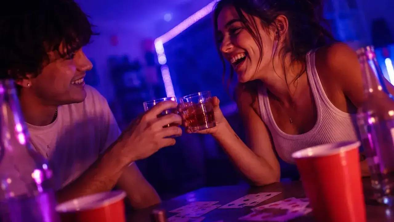 Para dwojga śmieje się, wznosząc toasty podczas gry w karty. Idealne gry alkoholowe dla 2 osób na wieczór.