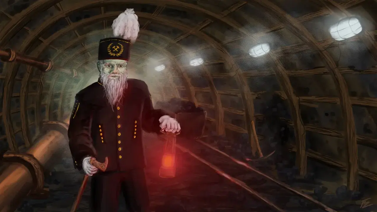 Opiekuńczy duch kopalni, z latarką w dłoni, czuwa nad górnikami w ciemnym tunelu.