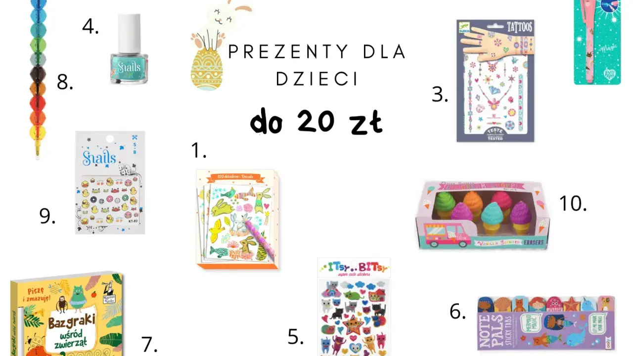 Wielkanocne prezenty dla dzieci do 20 zł: tatuaże, magiczne długopisy, naklejki, lakiery do paznokci, mazaki i gumki w kształcie lodów.
