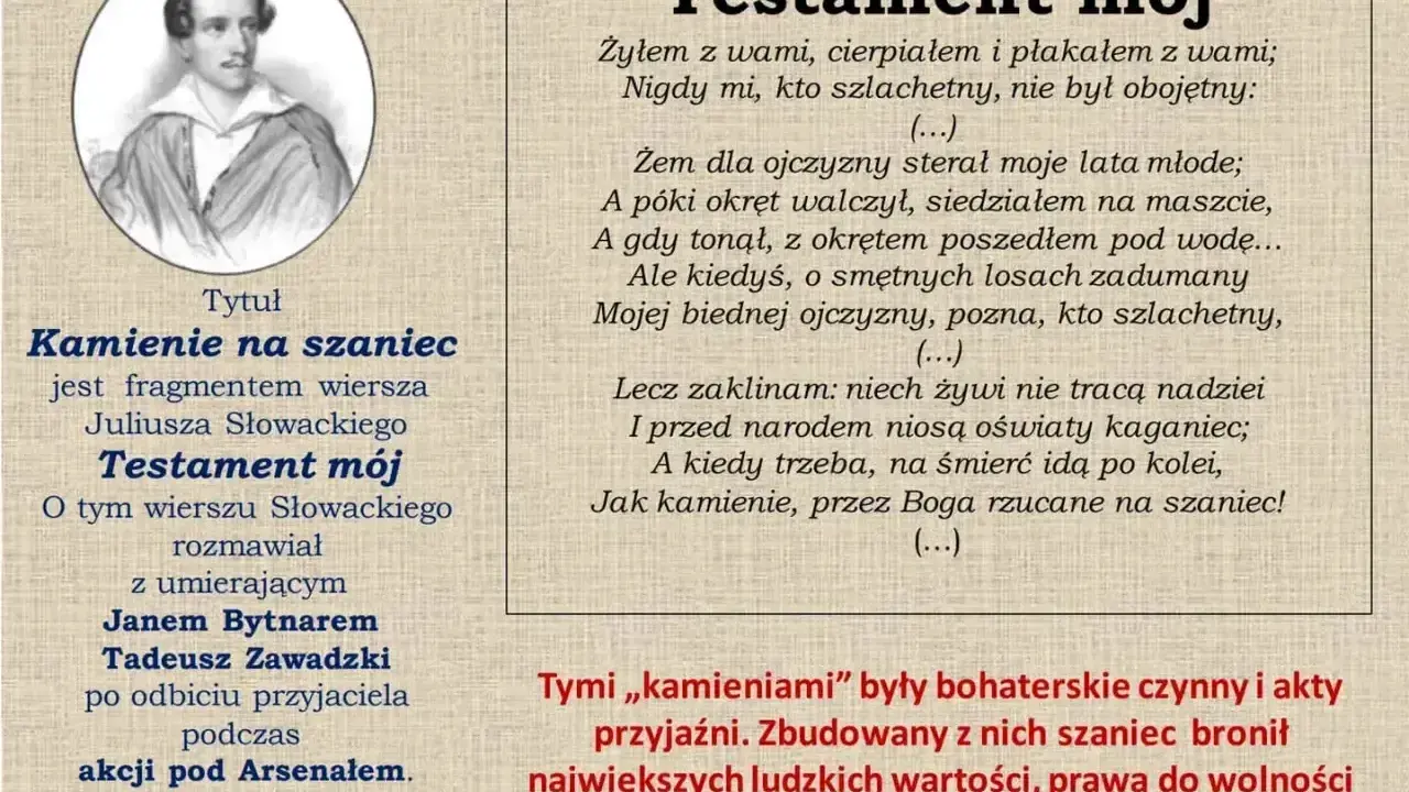 Portret Juliusza Słowackiego obok fragmentu "Testamentu mojego", nawiązującego do "Kamieni na szaniec".