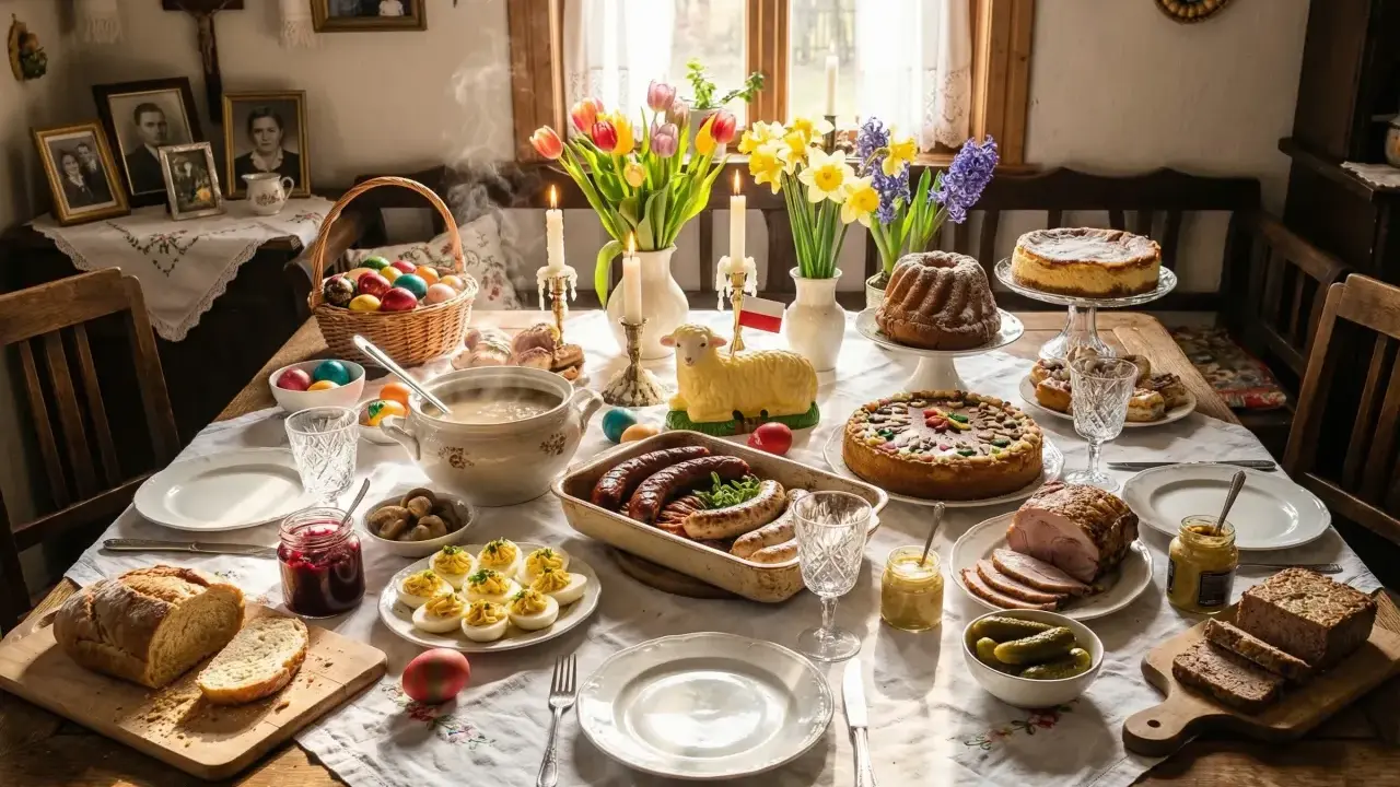 Stół zastawiony na Wielkanoc: babka, sernik, kiełbaski, pasztet, jajka faszerowane, chleb, ogórki, koszyk z pisankami. Ciekawy scenariusz wielkanocny.
