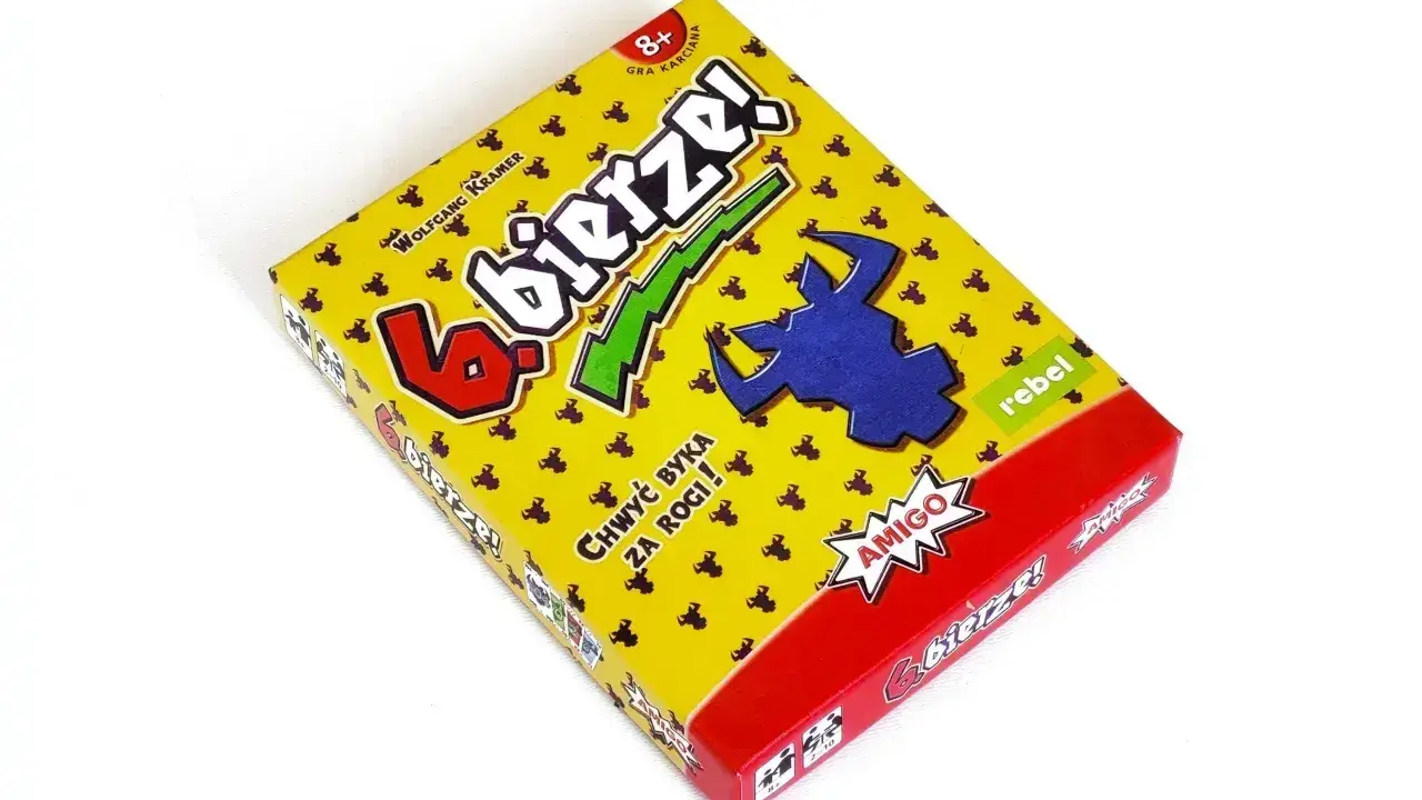 Pudełko gry karcianej "6 bierze!". Zabawna gra, w której trzeba chwytać byka za rogi, by zdobyć punkty. Idealna na rodzinne wieczory.