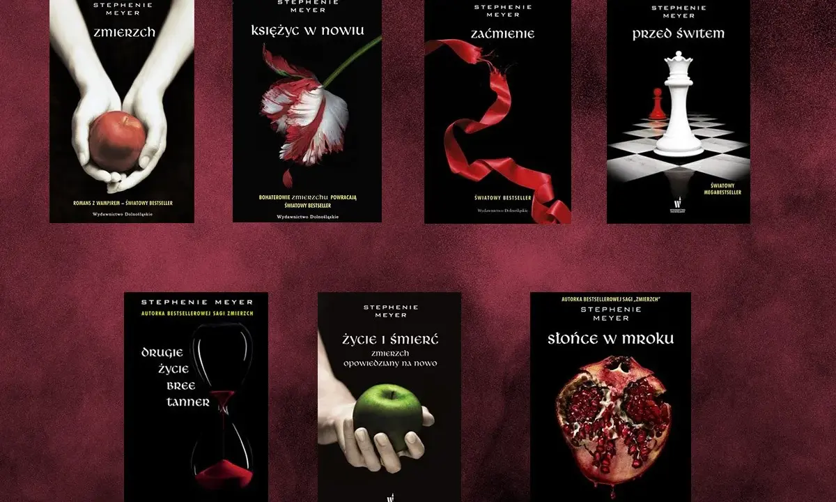 Okładki książek sagi Zmierzch: Zmierzch, Księżyc w nowiu, Zaćmienie, Przed świtem, Drugie życie Bree Tanner, Życie i śmierć, Słońce w mroku.