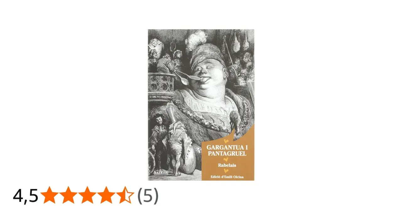 Ilustracja do "Gargantua i Pantagruel streszczenie" przedstawia groteskową postać olbrzyma z łyżkami w ustach, otoczoną scenami z życia.
