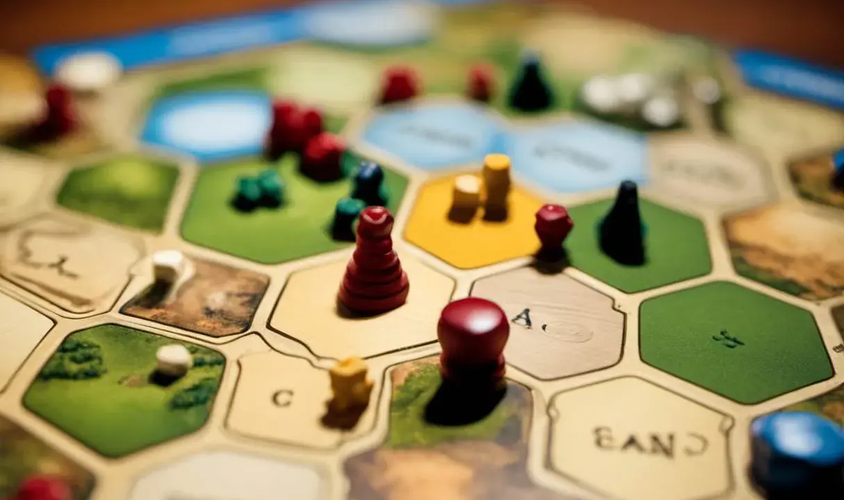 Plansza do gry Catan, z pionkami i zasobami. Catan instrukcja jest kluczem do zwycięstwa.