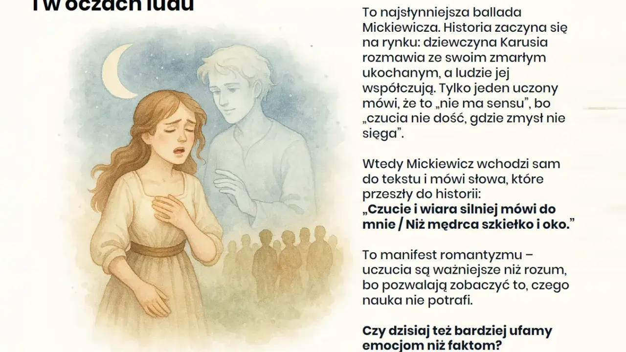 Ilustracja do ballad i romansów: dziewczyna wpatrzona w księżyc, obok niej duch ukochanego, w tle tłum.