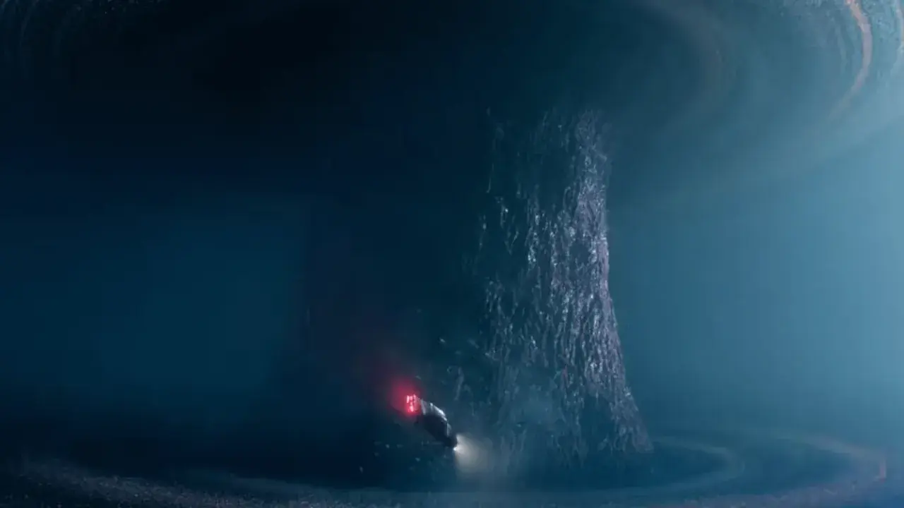 Mroczna, wirująca struktura przypominająca drzewo w **stranger things upside down**. Mały pojazd z czerwonym światłem zbliża się do niej.