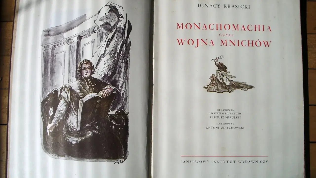 Otwarta księga z ilustracją i tekstem "Monachomachia czyli Wojna Mnichów" Ignacego Krasickiego. To satyra do króla, która w dowcipny sposób ukazuje spory między zakonnikami.