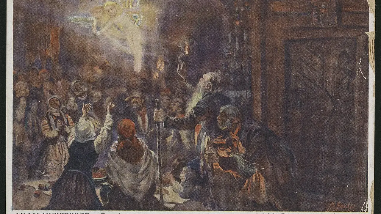 Scena z "Dziadów" cz. 4: tłum ludzi wpatruje się w aniołka, który mówi "Do mamy lecim, do mamy".