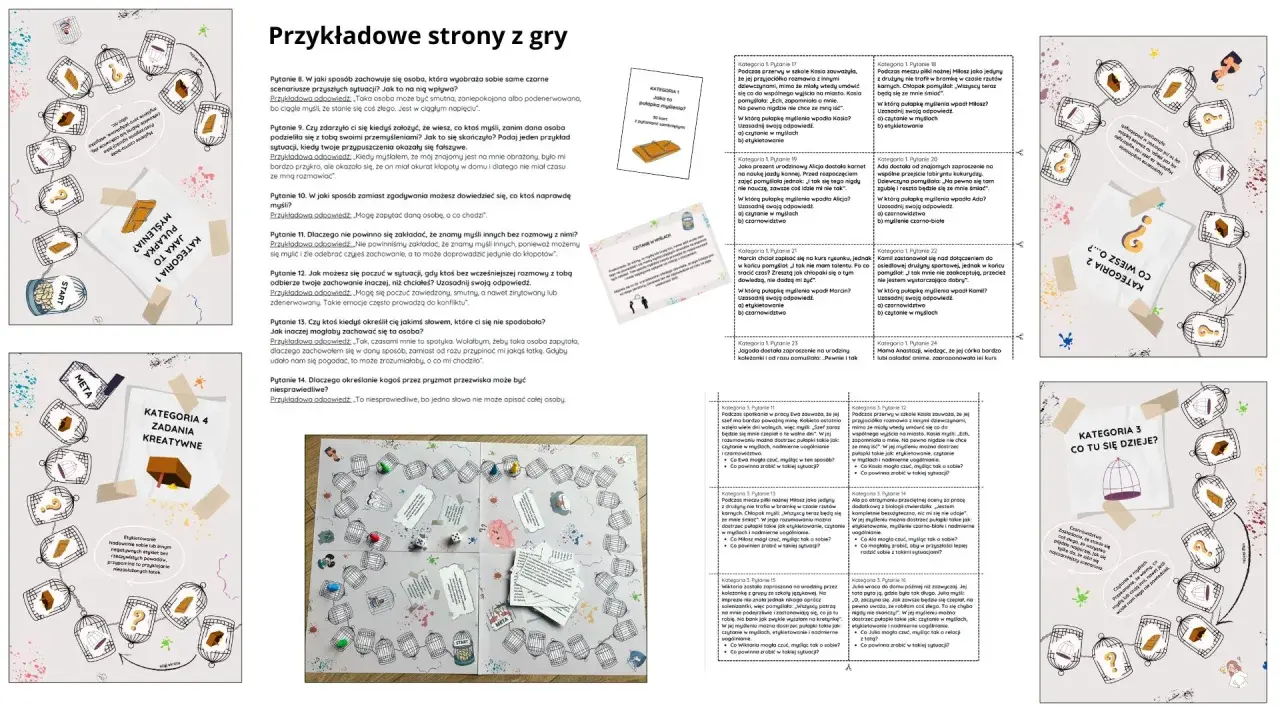 Gra w marynarza: plansza z pytaniami i ilustracjami klatek, symbolizująca pułapki myślenia.