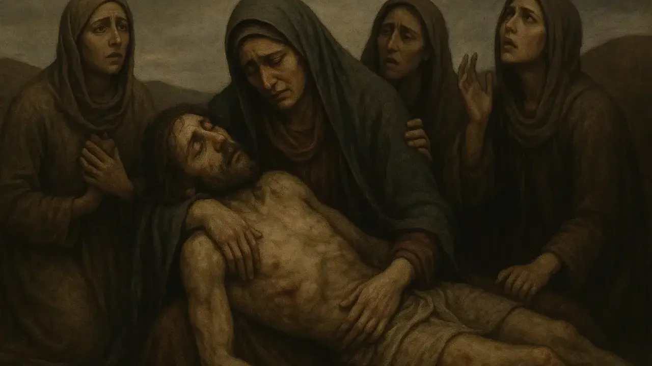 Smutek i rozpacz kobiet nad ciałem Chrystusa. Wzrok skierowany ku górze, jakby szukając pocieszenia w tym trudnym momencie. Lament świętokrzyski.