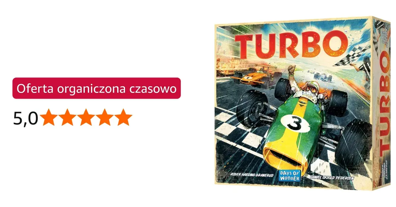Gra planszowa "Turbo" z wyścigami bolidów, idealna na szybką rozgrywkę.