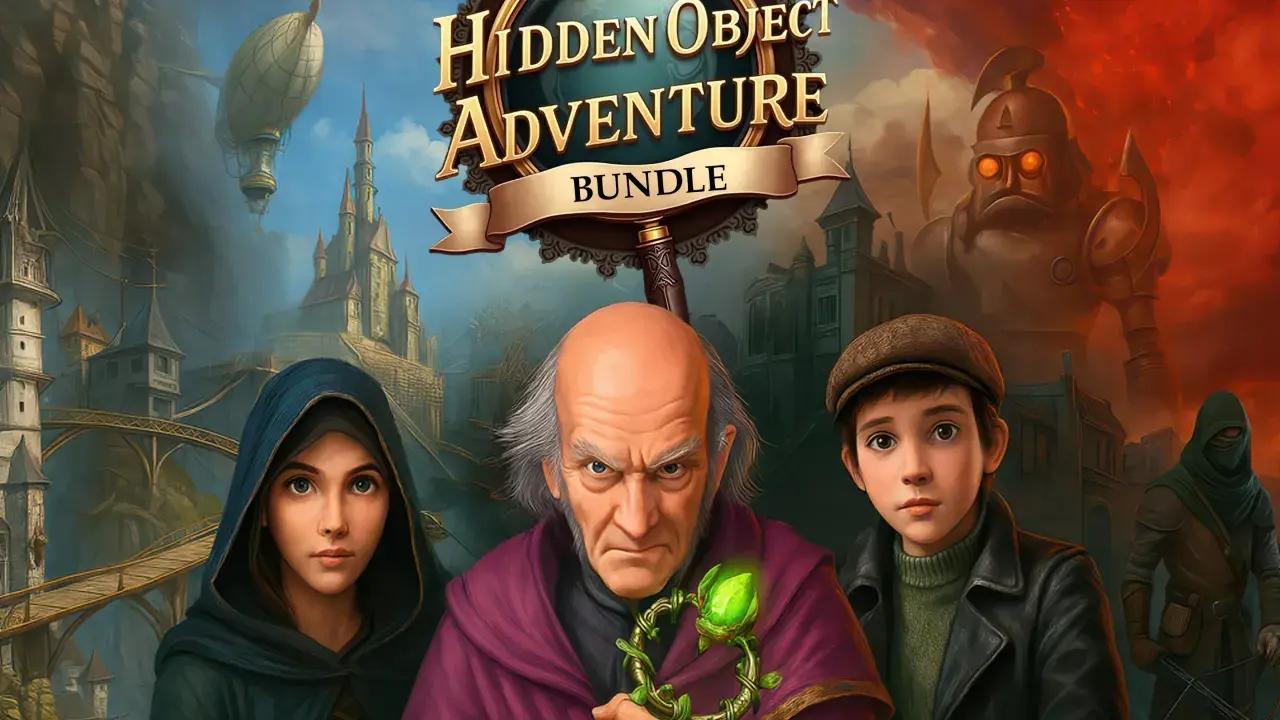 Trzy postacie, w tym starszy mężczyzna z magiczną laską, młody chłopiec i dziewczyna w kapturze, zapraszają do świata gier typu hidden objects.
