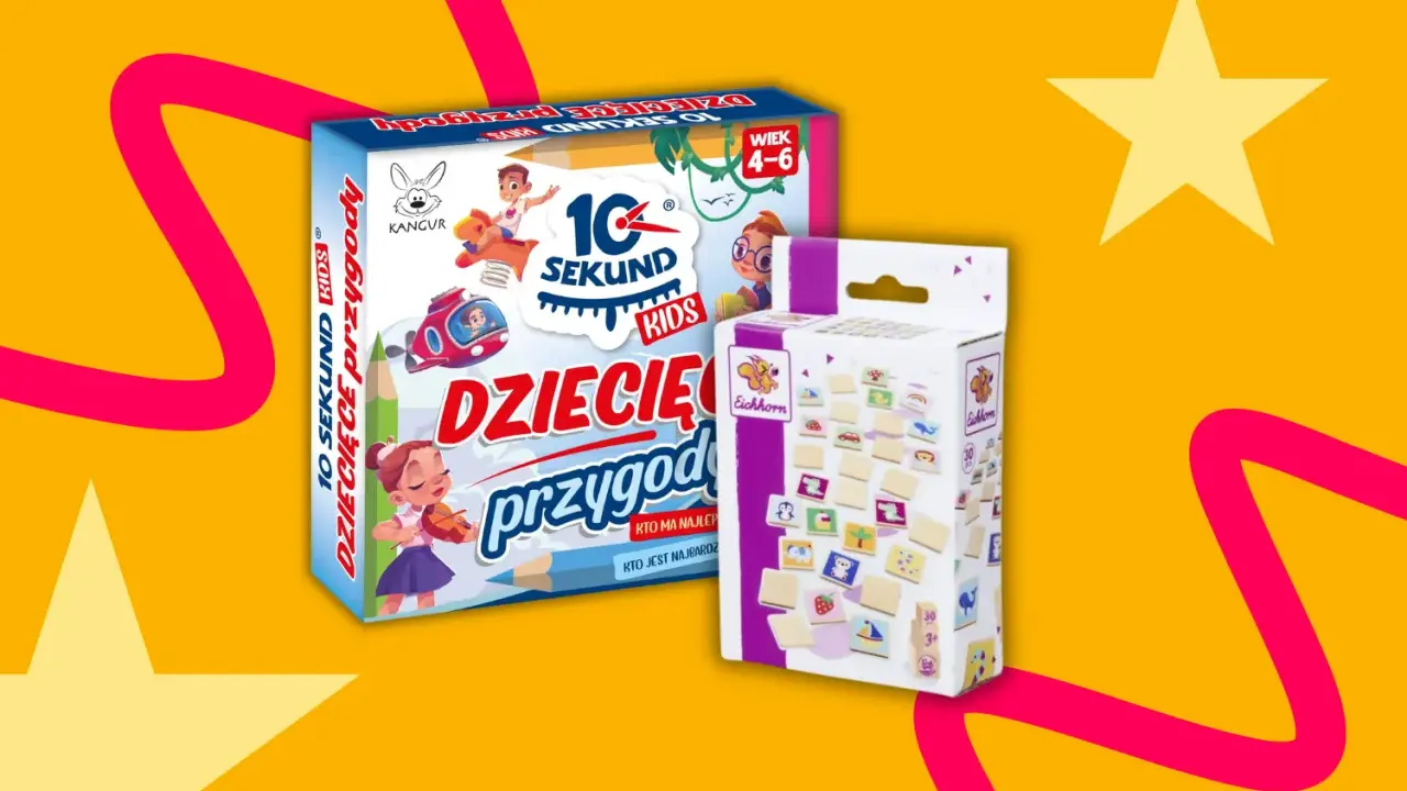 Dwie gry planszowe dla dzieci: "10 Sekund Dziecięce Przygody" i "Eichhorn". Idealne zabawy rywalizacyjne dla najmłodszych.