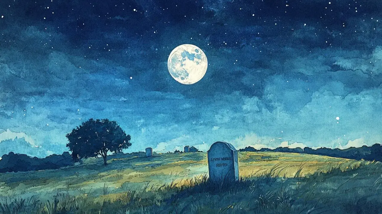 Nocny krajobraz z księżycem, gwiazdami i nagrobkiem na wzgórzu.