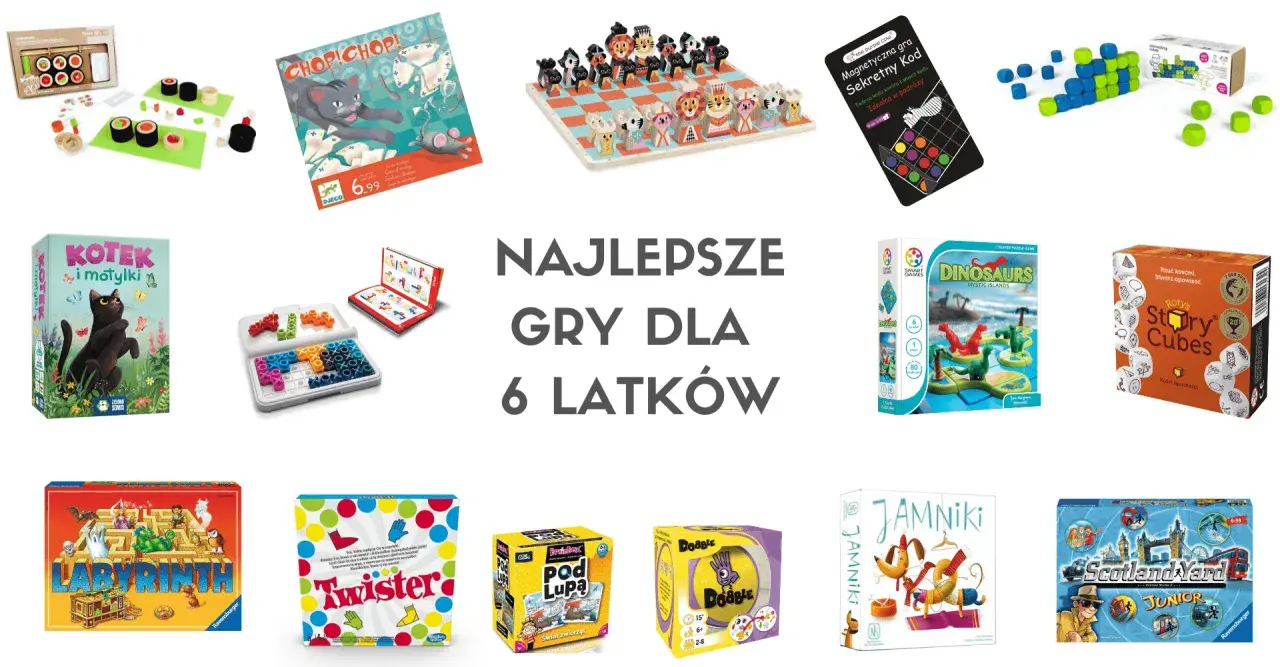 Kolekcja gier planszowych i logicznych, idealnych jako gry dla dzieci 6 lat. Znajdziesz tu m.in. kotka z motylkami, labirynt, dinosaury i Scotland Yard Junior.