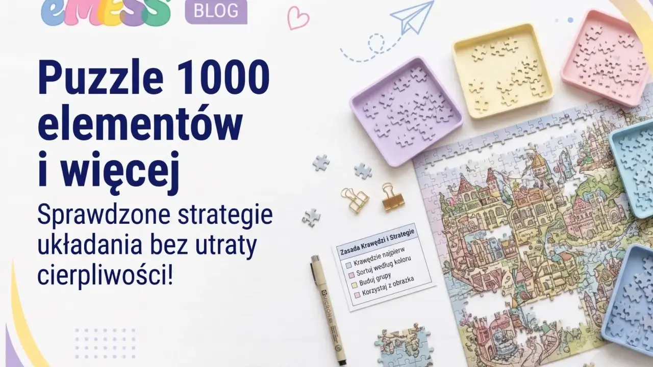 Strategie układania puzzli 1000 elementów i więcej. Kolorowe tacki z elementami, częściowo ułożony obrazek miasta.